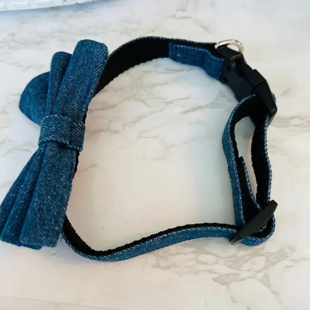 Bow Tie Dog Collar and Leash Set for Medium Dogs - Medium Puppy Blue Denim
